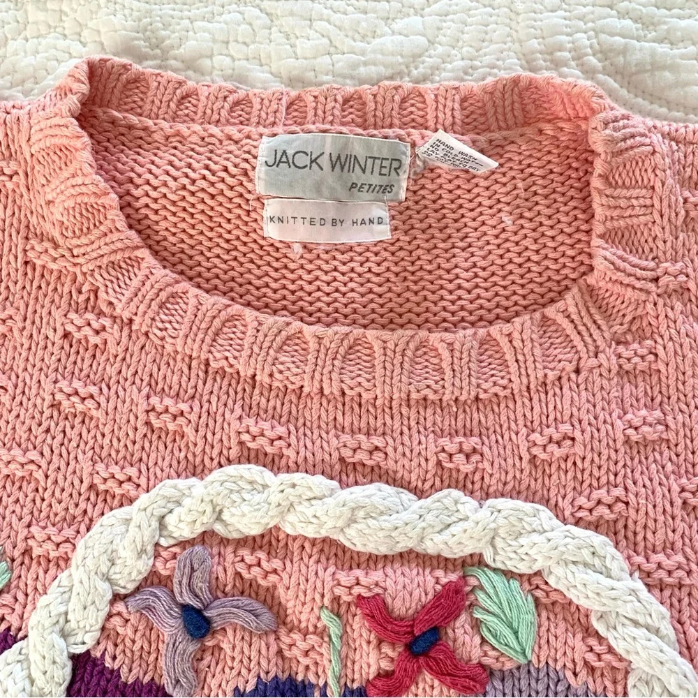 Vintage Sweater Jack Winter Hand Knit Easter Fruit Basket Sz Medium Petite Pink - Picture 4 of 12